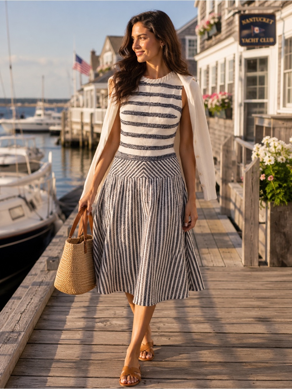 J.Crew Nautical Stripe Sleeveless Midi Dress Size 0 Navy White Tan🇺🇸